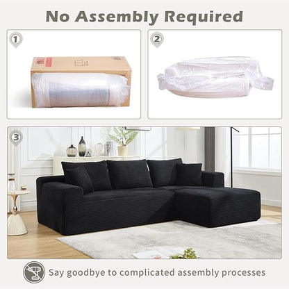PELUMY 108.7" L-Shaped Modular Sectional Sofa with Oversized Chaise, Cloud Couch with Memory Foam, No Assembly Required Sleeper Sofa for Small Space Living Room, Apartment (Black, Corduroy)