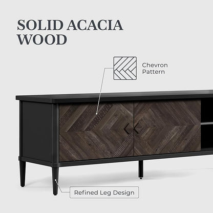 Lenia 65 Inch Solid Acacia Wood TV Stand, Modern Farmhouse Mid Century Media TV Console, Entertainment Center with Storage & Cabinets for Living Room, Mocha Black Finish