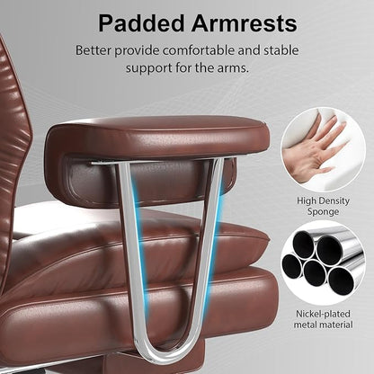 Big and Tall Office Chair, Executive Home Office Desk Chair, Comfy Leather High-Back Reclining Computer Chair with Retractable Footrest and Padded Arms, 360°Swivel Rolling Wheels, Wide Seat, Brown