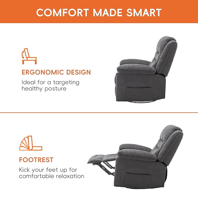 Power Swivel Rocker Recliner with Massage and Heat, USB Port, Infinite Position, Oversized Electric Glider Rocking Chairs Living Room, Soft Fabric Reclining Sofa Chair (Dark Grey Fabric)