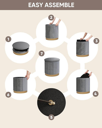 B FSOBEIIALEO Ottoman with Stroage, Round Velvet Storage Ottoman with Gold Plating Base,Foot Rest Stool for Dorm Room, Living Room Grey, 16.73"x16.73"x17.72"