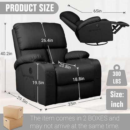 LEVELEVE Rocking Recliner Chair, Massage Rocker Recliner Chair with Vibration Massage and Heat, USB and Type-C Ports,360° Swivel Faux Leather Chairs, Living Room, Bedroom, Nursery, RV, Black
