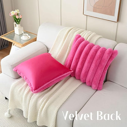 FUTEI Hot Pink Decorative Throw Pillow Covers 24x24 Inch Set of 2, Square Soft Faux Rabbit Fur Thick Striped European Cushion Covers,Winter Home Decor for Couch Bed Living Room