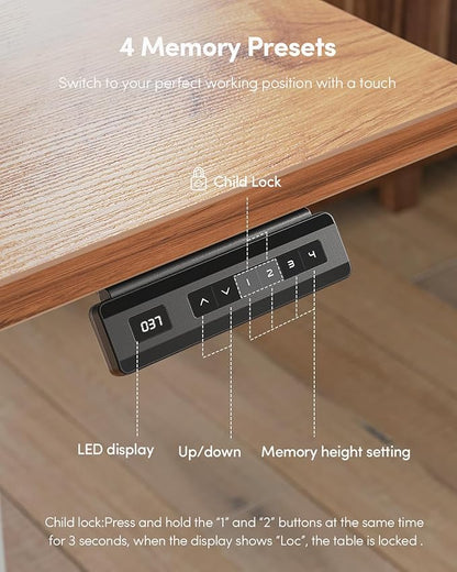 FEZIBO One-Piece Standing Desk Adjustable Height Stand up Home Office Desk, 48x24 Inch Electric Standing Computer Desk, with 4 Memory Presets, Headphone Hook, Light Rustic