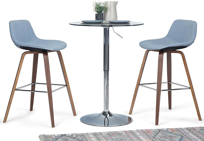 SIMPLIHOME Randolph Mid Century Modern 28 inch Bentwood Counter/ Bar Height Stool (Set of 2) in Denim Grey Linen Look Fabric for the Dining Room and Kitchen