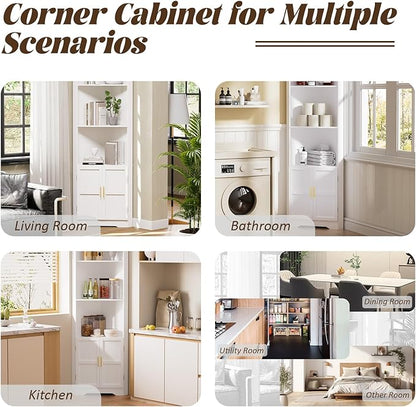 67'' Tall Corner Cabinet with 2 Doors and Storage Shelves,Modern Storage Cabinet with Barn Door Design, Home Space Saver for Living Room, Kitchen, Bathroom, Laundry Room, White