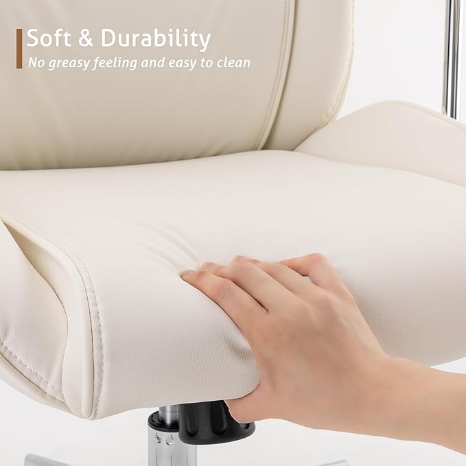 High Back Office Desk Chair,Ergonomic Reclining Office Chair,Modern Swivel Computer Chair,Conference Room Chairs,Cream White Leather Chair with Lumbar Support,330lbs