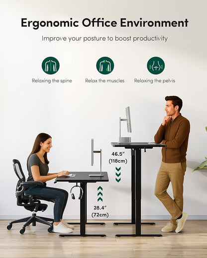 FEZIBO One-Piece Standing Desk Adjustable Height Stand up Home Office Desk, 55x24 Inch Electric Standing Computer Desk, with 4 Memory Presets, Headphone Hook, Black