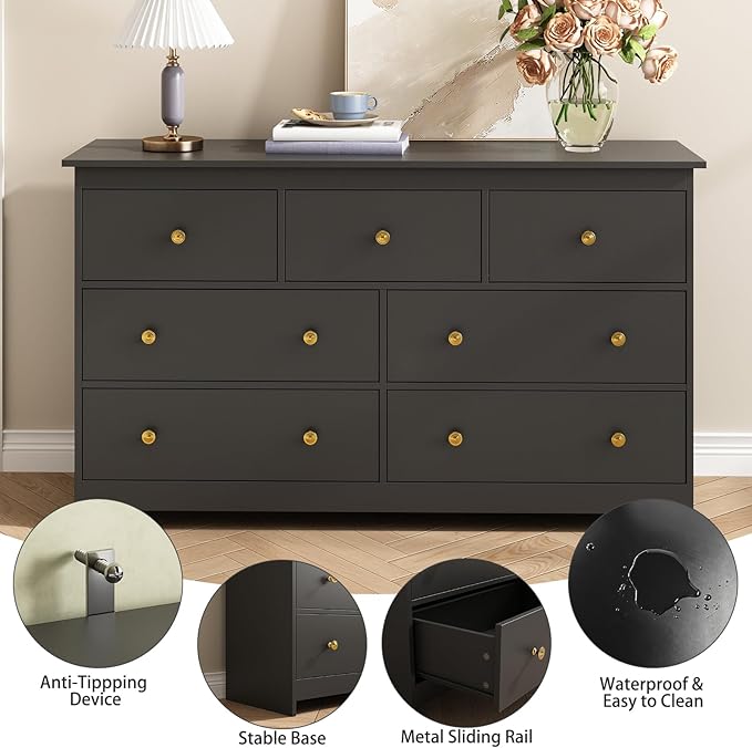 Black Dresser for Bedroom, 7 Drawer Dresser with Metal Handles, 55 Inch Wide Wood Chest for Living Room, Hallway
