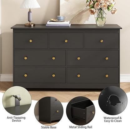 Black Dresser for Bedroom, 7 Drawer Dresser with Metal Handles, 55 Inch Wide Wood Chest for Living Room, Hallway