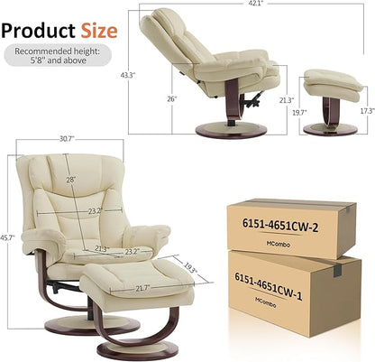 MCombo Oversized Swivel Recliner Chair with Ottoman, Adjustable Backrest, 360° Wood Base, High Seat, Faux Leather Lounge Chair for Tall Users in Living Room Office 4651 (Cream White)