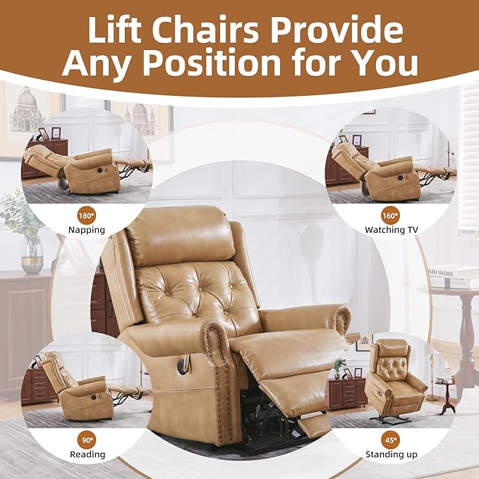 Large Power Lift Recliner Chair for Elderly, Oversized Lay Flat Lift Chair with Adjustable Headrest, Leather Recliner Chairs with Massage and Heat, Infinite Position,Extended Footrest,Beige