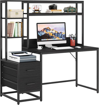 Tribesigns 55 Inch Computer Desk with 2 Drawers and Storage Shelves, Rustic Office Desk with Hutch, Study Writing Gaming Table Laptop Workstation for Home Office (Black)