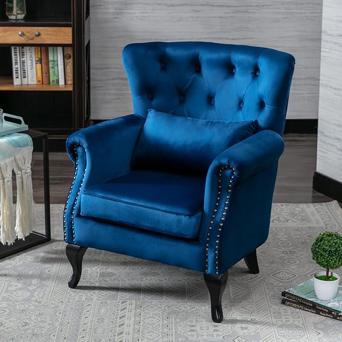 chairus Mid-Century Modern Accent Chair Comfy Tufted Single Sofa Chair Wingback Armchair with Pillow for Club, Living Room, Bedroom - Velvet, Blue