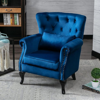 chairus Mid-Century Modern Accent Chairs Set of 2 Comfy Tufted Single Sofa Chair Wingback Armchair with Pillow for Club, Living Room, Bedroom - Velvet, Blue