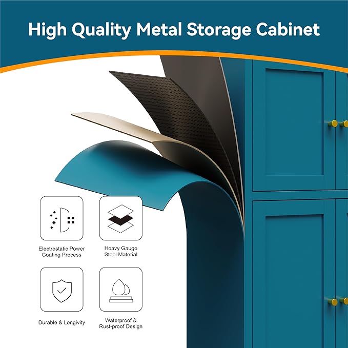 Bathroom Floor Storage Cabinet,Metal Accent Cabinets with 4 Doors and 2 Adjustable Shelves,Blue Storage Cabinets Organizer for Pantry Kitchen,Living Room,Hallway, Restroom