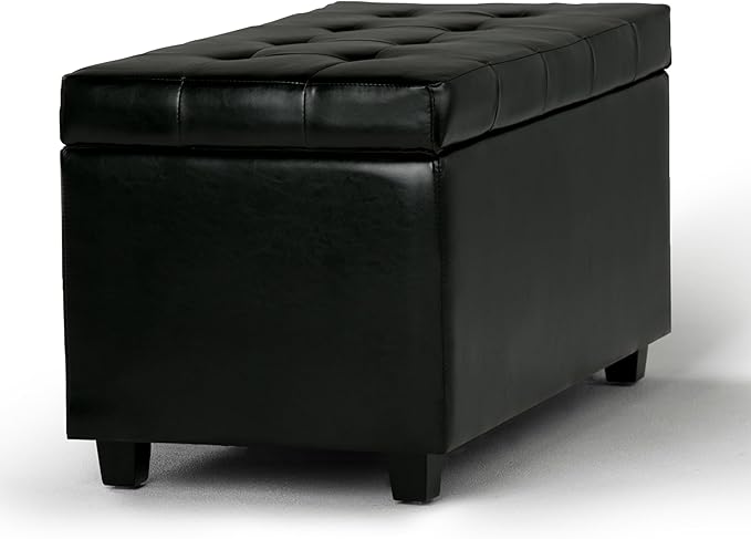 SIMPLIHOME Cosmopolitan 34 inch Wide Transitional Rectangle Storage Ottoman in Midnight Black Vegan Faux Leather, Assembled, For the Living Room, Entryway and Family Room