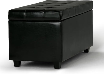 SIMPLIHOME Cosmopolitan 34 inch Wide Transitional Rectangle Storage Ottoman in Midnight Black Vegan Faux Leather, Assembled, For the Living Room, Entryway and Family Room