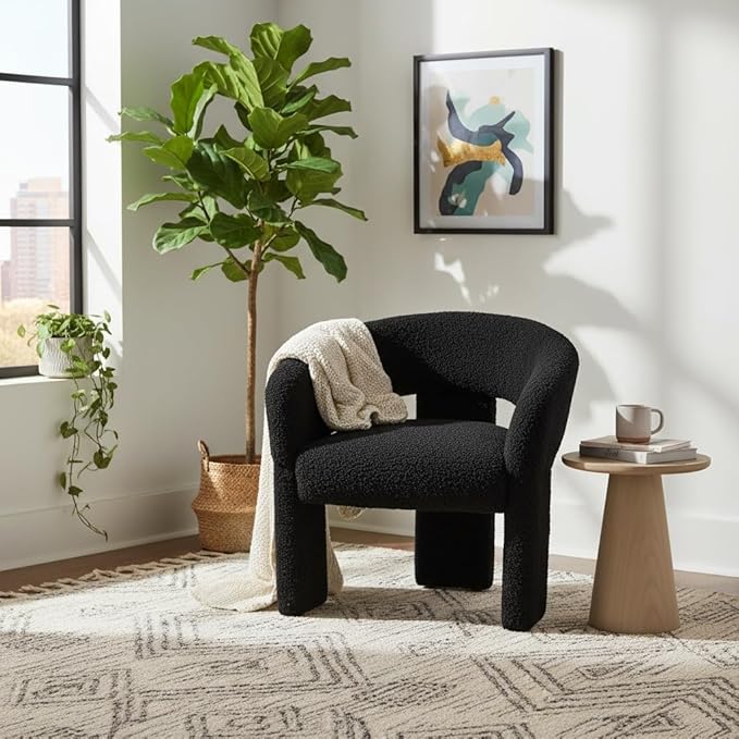 LukeAlon Modern Sherpa Accent Chair Barrel Back Armchair, Upholstered Lounge Chair for Living Room, Bedroom, Office, Waiting Rooms, Black