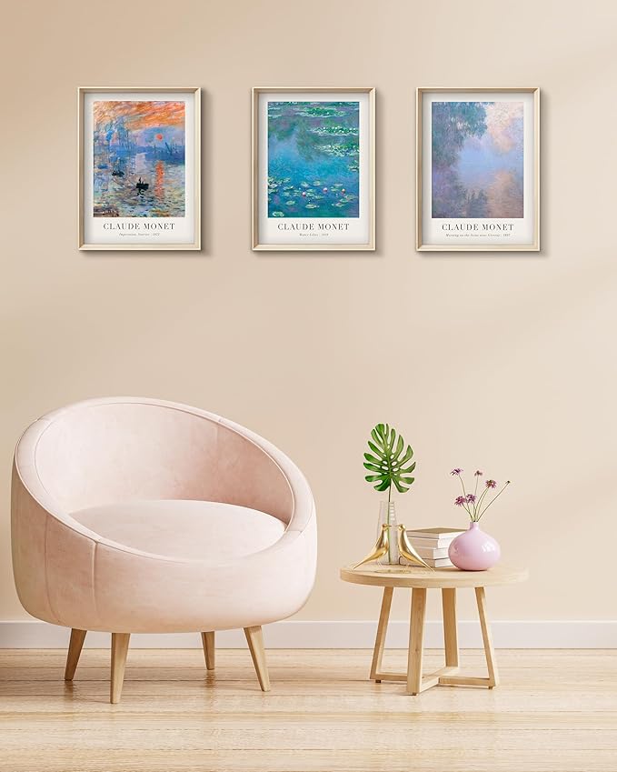 Framed Claude Monet Water Lilies Canvas Wall Art,Vintage Impressionist Botanical Painting,16x12IN High Framed Design Prints,Minimalist Classic Decor Aesthetic for Living Room,Bedroom,Bathroom Set of 3
