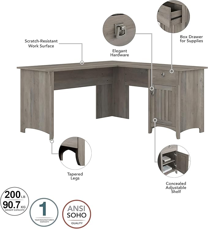 Bush Furniture Salinas L Shaped Desk with Hutch, File Cabinet and 5 Shelf Bookcase | 3 Piece Home Office Furniture Set in Driftwood Gray | L Shaped Corner Table with Storage