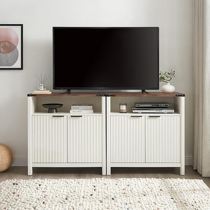 Buffet Cabinet with Storage - Modern Farmhouse Rustic 32 Fluted Sideboard Storage Cabinet Buffet with Adjustable Shelves, Coffee Wine Bar Organizer for Dining Room (Antique White)