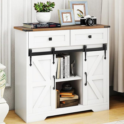Vabches Bathroom Floor Cabinet, Farmhouse Storage Cabinet with Sliding Barn Door and Storage Drawers, White Buffet Cabinet with Adjustable Shelves for Bathroom, Kitchen, Entrance Area, Living Room