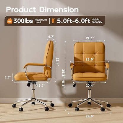 Brown Office Chair with Soft Leather, Swivel Computer Home Office Desk Chair with Wheels and Padded Arms, Adjustable Height and Tilt
