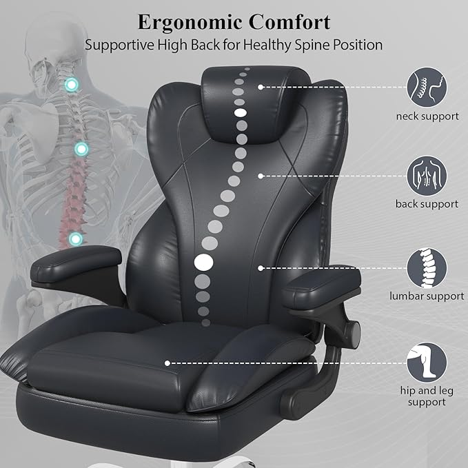 Office Desk Chair, Executive Leather Office Chair, High Back Ergonomic Home Desk Chair with Padded Flip-up Arms, Big and Tall Computer Chair with Rocking Function, 360°Swivel Free, Black