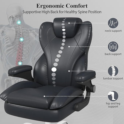 Office Desk Chair, Executive Leather Office Chair, High Back Ergonomic Home Desk Chair with Padded Flip-up Arms, Big and Tall Computer Chair with Rocking Function, 360°Swivel Free, Black