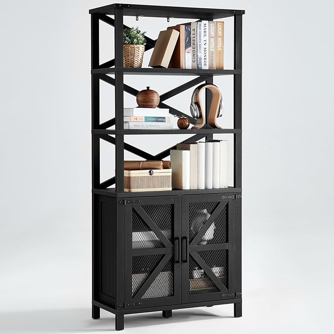 5 Tier Bookshelf 70" Tall Bookcase with Barn Doors,Large Farmhouse Display Book Shelf with Adjustable Shelves and Storage Cabinet，Library Wood Bookshelves for Living Room,Kitchen,Black(3PCS)
