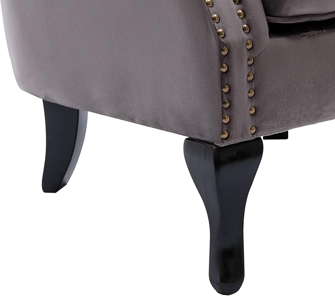 Mid Century Modern Accent Chair Upholstered Armchair Comfy Velvet Fabric Single Sofa with Tufted Wingback for Small Spaces Bedroom Living Room, Grey
