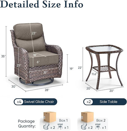 Belord Luxury 6" Thick Cushioned Outdoor Swivel Rocker Patio Chairs Set of 4 with Side Table, High Back Wicker Furniture Set with Ergonomic Zone Back, Conversation Set for Deck Porch - Brown+Grey