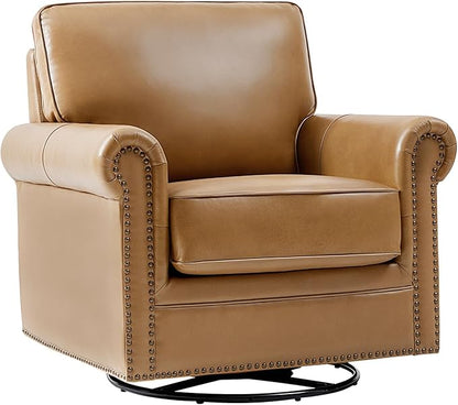 HULALA HOME Swivel Accent Chair Genuine Leather Barrel Rocker Chair with Metal Base Transitional Armchair Padded Round Armrest, Camel