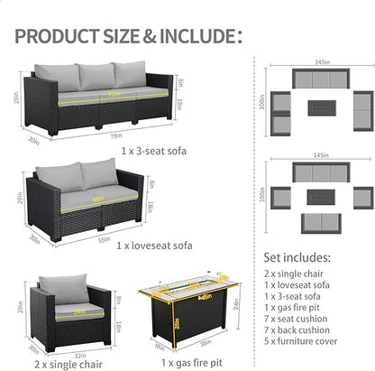 Rattaner 5 Pcs Outdoor Furniture Sets Patio Furniture Set with 45" Fire Pit Patio Couch Outdoor Chairs 60000 BTU Steel Propane Fire Pit Table No-Slip Cushions and Waterproof Covers, Light Grey