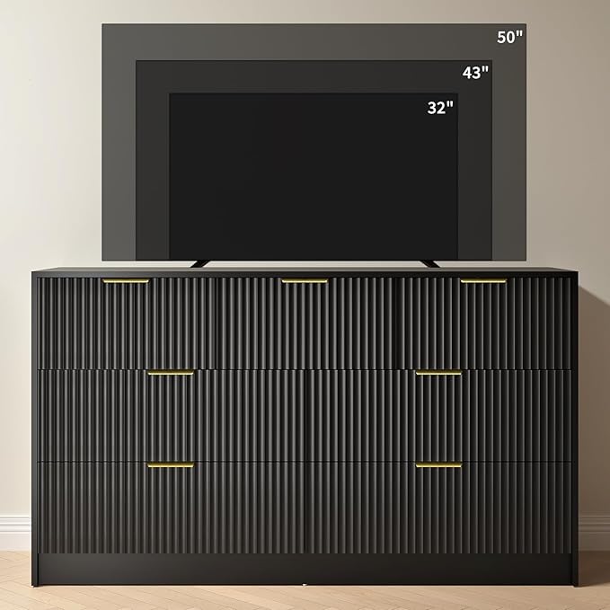 Black Dresser with 7 Drawer - 55” Wide Fluted Dresser for Bedroom with Metal Handle, Chest of Drawer, Wood TV Stand for Bedroom, Living Room, Black