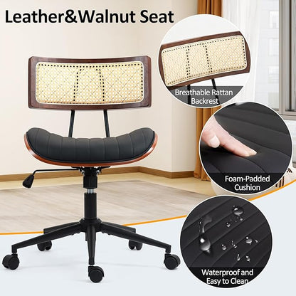Home Office Chair with Wheels, Adjustable Height Desk Chair with Rattan Backrest, Leather Swivel Computer Chair, Armless Modern Walnut Chair for Office, Meeting Room, Black