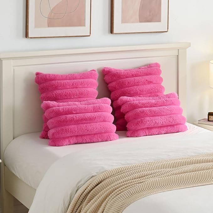 FUTEI Hot Pink Decorative Throw Pillow Covers 20x20 Inch Set of 2, Square Soft Faux Rabbit Fur Thick Striped Cushion Cover,Winter Home Decor for Couch Bed Living Room
