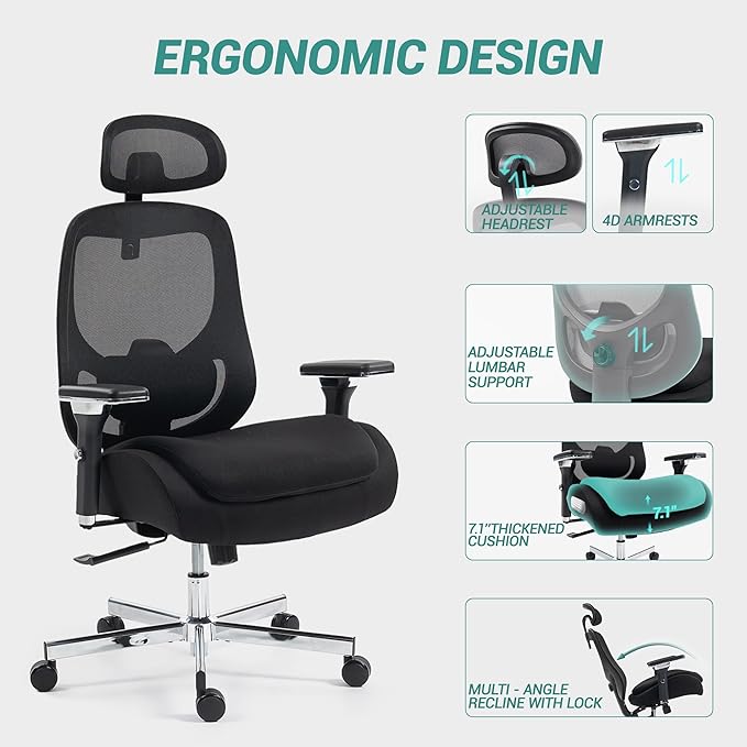 450 LBS Big and Tall Office Chair, Heavy Duty Executive Chair w/4D Arms, Ergonomic Computer Home Desk Chair, Swivel Mesh Chair w/2D Lumbar Support, Adjustable Headrest, Tilt Lock-Black