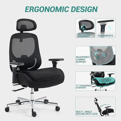 450 LBS Big and Tall Office Chair, Heavy Duty Executive Chair w/4D Arms, Ergonomic Computer Home Desk Chair, Swivel Mesh Chair w/2D Lumbar Support, Adjustable Headrest, Tilt Lock-Black