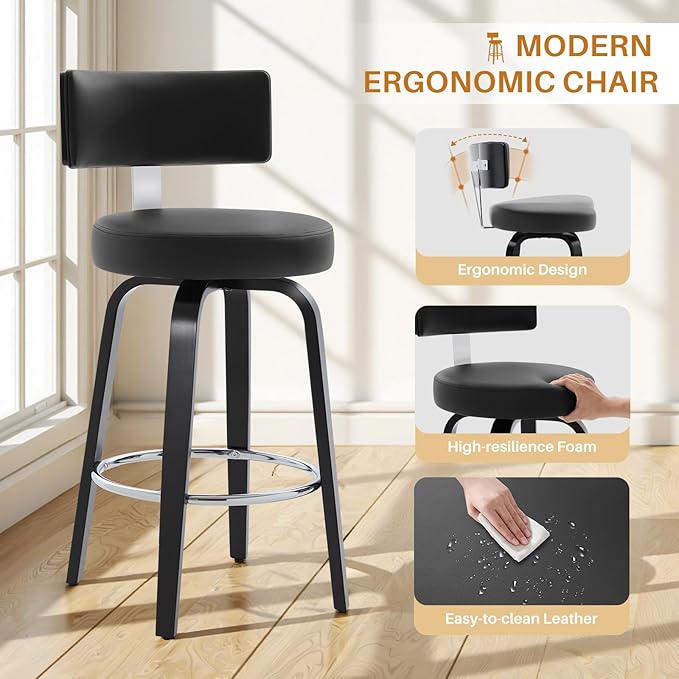 Swivel Counter Height Bar Stools Set of 2, 26" Upholstered Faux Leather Barstools with Back, Mid Century Modern Counter Stools with Black Walnut Wood Legs for Kitchen Island, Black