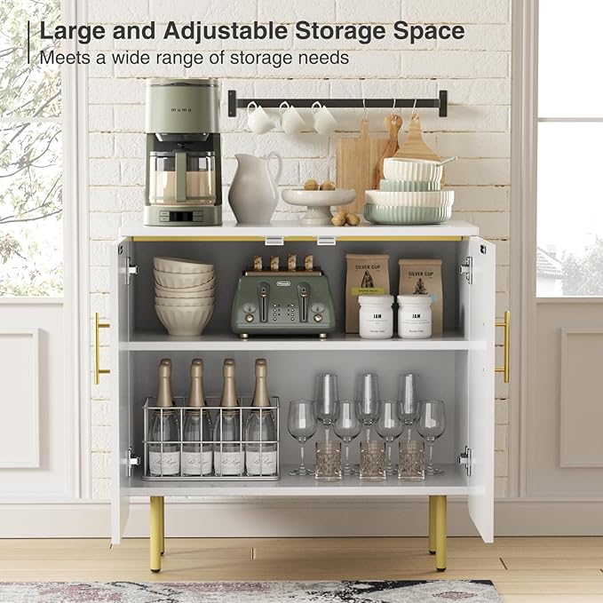 Modern Fluted White Storage Cabinet with 2 Doors, Adjustable Shelves, and Metal Legs, Accent Buffet Sideboard for Living Room, Dining Room, Entryway (White & Gold)