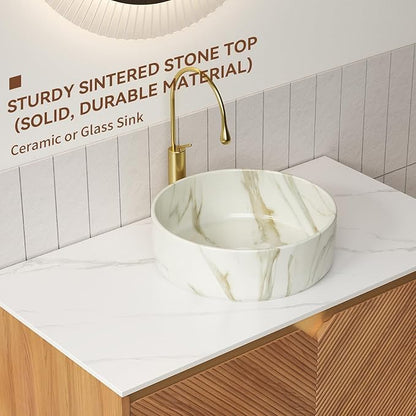 36 Inch Floating Bathroom Vanity with Vessel Sink, Fluted Modern Cabinet with 2 Doors, White Ceramic Sink with Stone Pattern & Sintered Stone Top, Oak