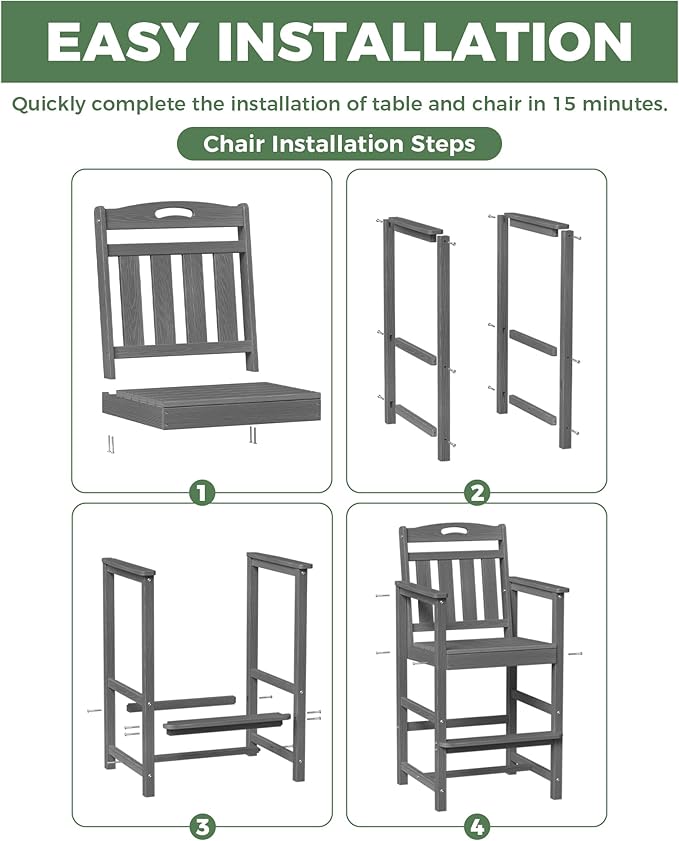 HDPE Outdoor Patio Tall Bar Chair, All-Weather Bar Height Balcony Adirondack Stools for Bistro, Garden, Backyard, Deck | Grey