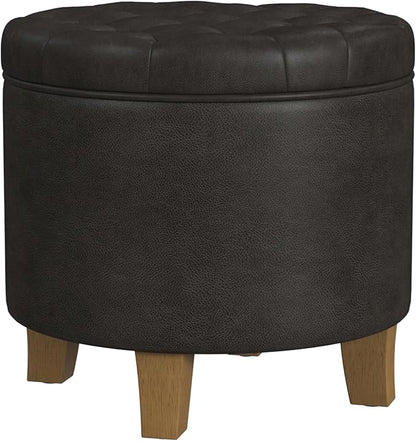 Homepop Home Decor | Upholstered Round Faux Leather Tufted Foot Rest Ottoman | Ottoman with Storage for Living Room & Bedroom | Decorative Home Furniture, Black Faux Leather
