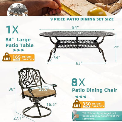 MEETWARM 9-Piece Outdoor Patio Dining Set, All-Weather Cast Aluminum Patio Conversation Set for Backyard Garden Deck with 8 Cushioned Swivel Rocker Chairs, 1 Oval Table, 2" Umbrella Hole