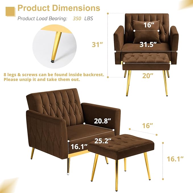 Velvet Accent Chair with Adjustable Armrests and Backrest, Button Tufted Lounge Chair, Single Recliner Armchair with Ottoman and Pillow for Living Room, Bedroom, Brown