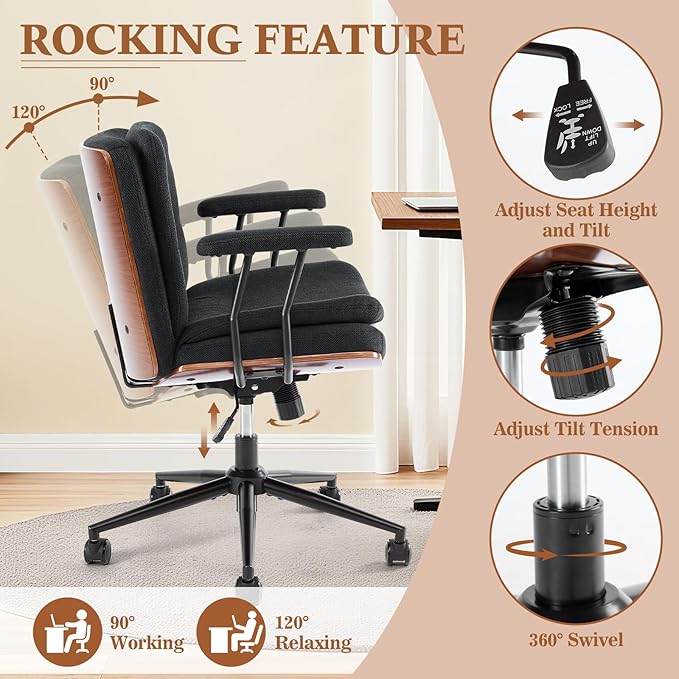 Home Office Desk Chair with Armrests & Wheels, Modern Walnut Swivel Rolling Executive Task Chair, Height Adjustable Ergonomic Computer Chair, Black Fabric