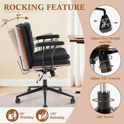 Home Office Desk Chair with Armrests & Wheels, Modern Walnut Swivel Rolling Executive Task Chair, Height Adjustable Ergonomic Computer Chair, Black Fabric