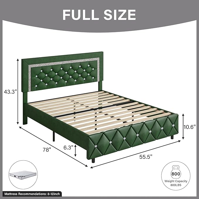 BarnFurin Full Size Bed Frame with Headboard, Faux Leather Upholstered Bed with Diamond Tufted Design, Mordern Bed Frame with Wooden Slats Suppor, No Box Spring Required, Easy Assembly, Green